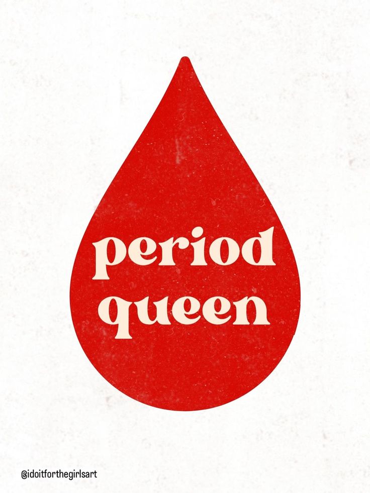 Illustrated red drop graphic with the words period queen